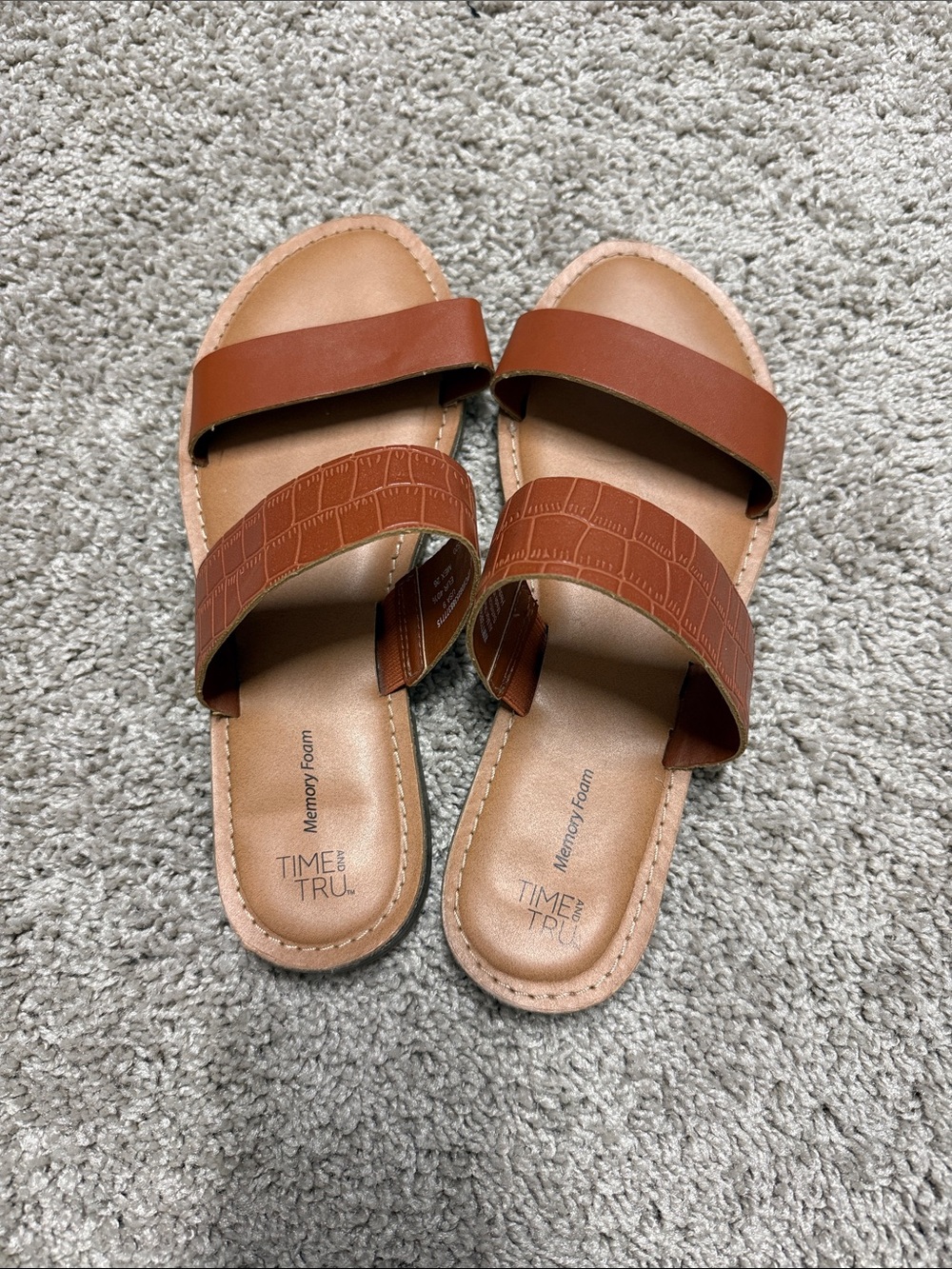 Time and Tru Brown Two-Strap Slide Sandals